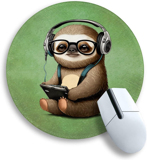 Funny Green Round Mouse Pad, Cute Sloth Computer Mousepad with Stitched Edge, Office Supplies Gift