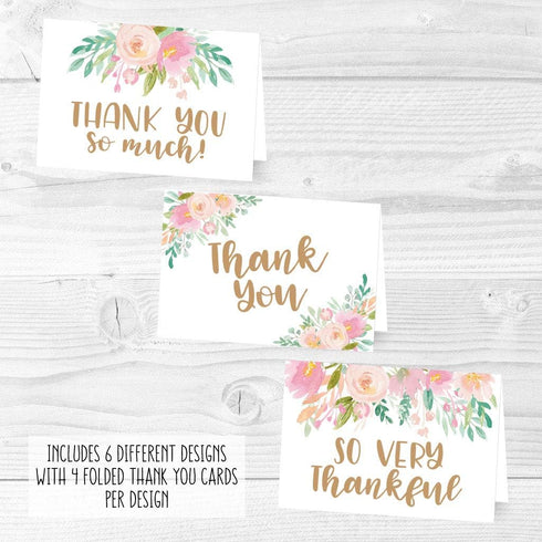 Hadley Designs 24 Floral Thank You Cards with Envelopes - Bulk Wedding Appreciation Notes Set for Graduation, Bridal