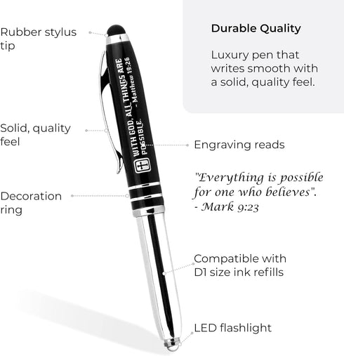 Matthew 19:26 Gift Pen - LED Light and Stylus Tip, Inspirational Religious Bible Gift for Christian Man Woman