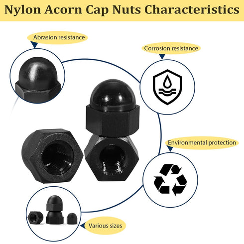 Vifmy Kit,M3 M4 M5 M6 M8 M10 155PCS Sets,Nut Metric Black Nylon Acorn Nuts Assortment UNC Cap Nuts Caps for Bolt,Dome