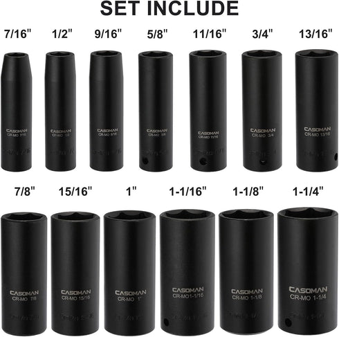 1/2-Inch Set, 13 Set, 7/16"-1-1/4", CASOMAN Drive Deep Impact Socket Pieces CR-MO, SAE, Heavy Duty Storage Case