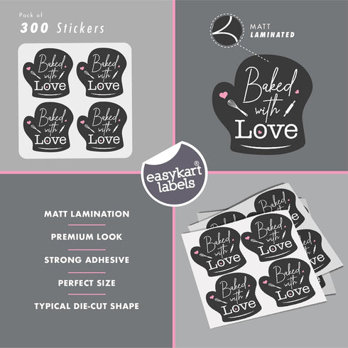 easykart 300 Baked with Love Stickers in Sheets - Dark Grey Color, 2" x 2" Die Cut Design, Recommended for Bakeries