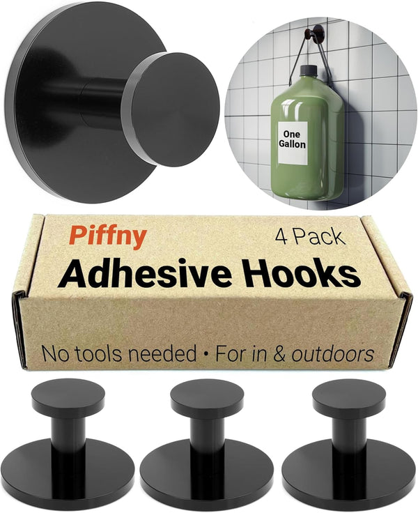 Round Adhesive Hooks for Hanging Towels, Clothes, Keys, and Robes, Black, 4 Pack