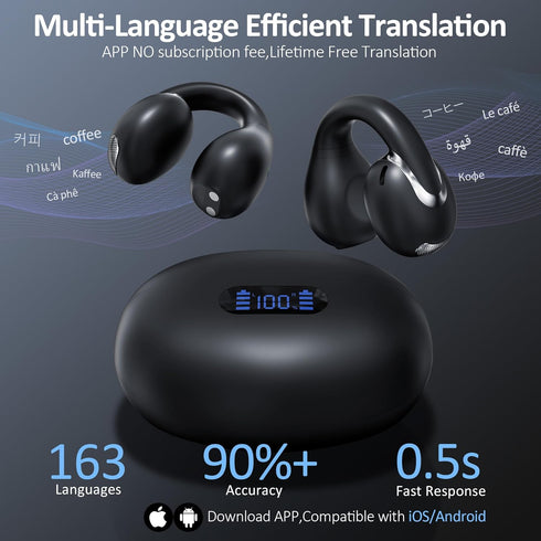 IAMJOY 163 AI Language Translation Earbuds Real Time, Language Translator Earbuds Open Ear Clip-On Design, Language