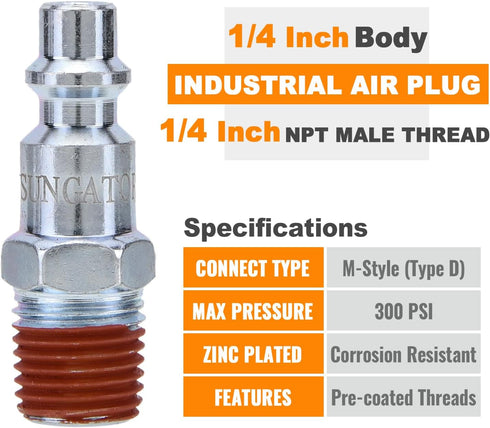 SUNGATOR 1/4-Inch NPT Male Industrial Air Plug, 1/4'' Quick Connect Air Fitting, 25-Pack Pneumatic Hose Repair Kit