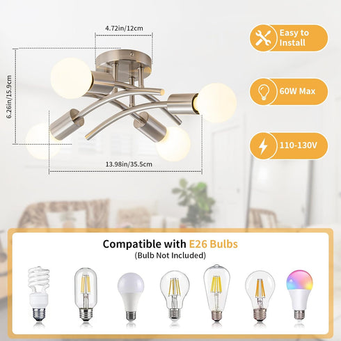 4-Light E26 Bulb WILON Semi Flush Mount Ceiling Light Fixture, Modern Flush Mount Ceiling Lights, Brushed Nickel