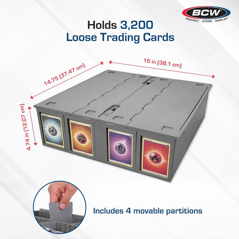 BCW Collectible Card Bin - Single Gray | Storage Box for Trading Cards | Holds 3200 Cards | Includes 4 Partitions
