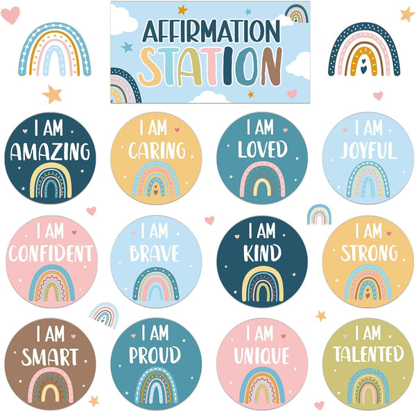 Boho Affirmation Station Bulletin Board Set Rainbow Positive Bulletin Board for Classroom Decorations Motivational