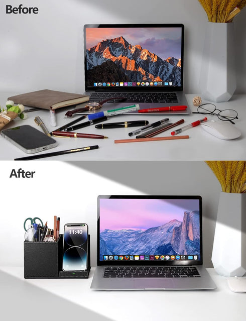 Desk Supplies Organizer, Multi-Functional Pencil Pen Holder with Wireless Charger, Home Office Supply Storage Box, Black