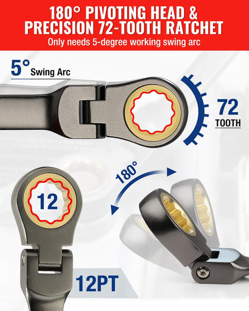 8-piece Set, 5/16-3/4 72-Teeth, WORKPRO Flex-Head Ratcheting Combination Wrench SAE in, CR-V Constructed, Nickel