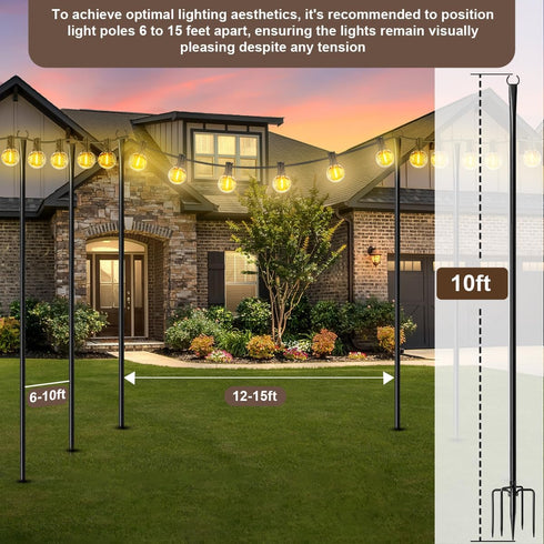 MuliVid 2 Pack 10FT Lighting Hanging Pole for Outside, Waterproof Hardened Metal Outdoor String Light Poles for Patio