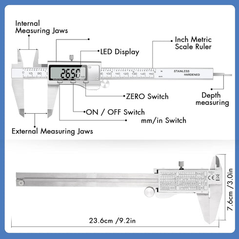 Digital Caliper Measuring Tool, Stainless Steel Vernier Caliper with Large LCD Screen, Easy Switch