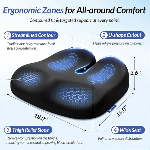 Tailbone ZIKEE Ergonomic Seat Cushion with Thigh Slope for Long Sitting, Memory Foam Office Chair Cushion for Car