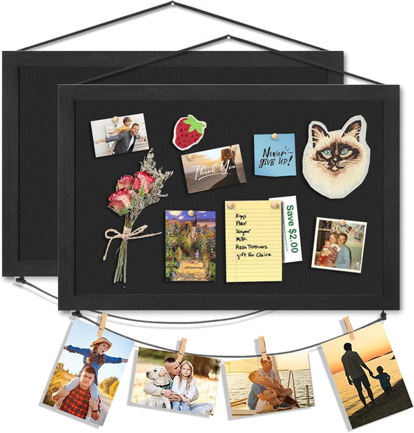 Miratino 2pcs Pin Board, 16"x11" Black Linen Cork Boards with Frame for Home Kitchen School Office Decor