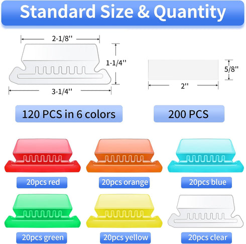 Hanging File Folder Tabs, 120 Pcs with 200 Pcs Inserts, Clear Plastic Tabs for Hanging Folders, Multicolor File Tabs