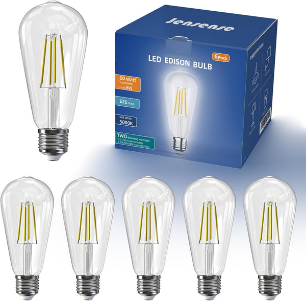 Edison LED Light Bulbs, 8Watt Dimmable, 5000K Daylight White, E26 LED Bulb 60watt Equivalent, 800lm, 6 Packs