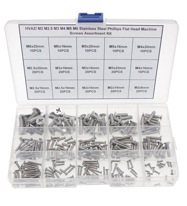 M2 M2.5 M3 M4 M5 M6 Stainless Steel Phillips Flat Head Machine Screws Assortment Kit