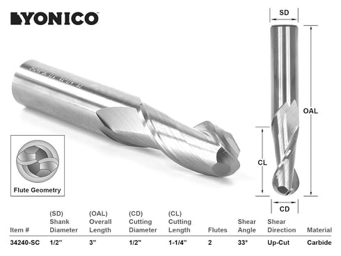 2 1/2-Inch 1/2-Inch 34240-SC YONICO Carbide Ball Nose End Mill CNC Router Bits Flute Spiral Dia. Shank