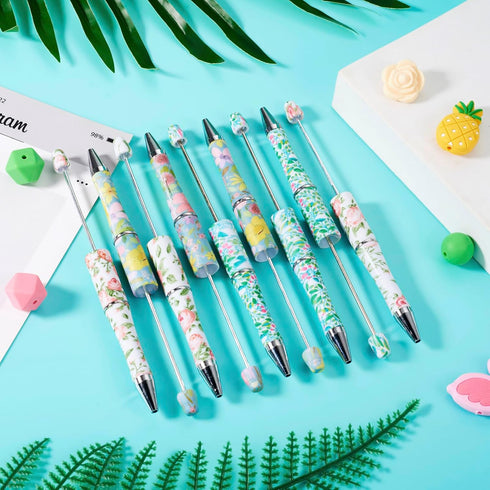 Beadthoven 12pcs DIY Beadable Pens with Hawaiian Flower Plastic Beads and Assorted Tropical Summer Beads for Office