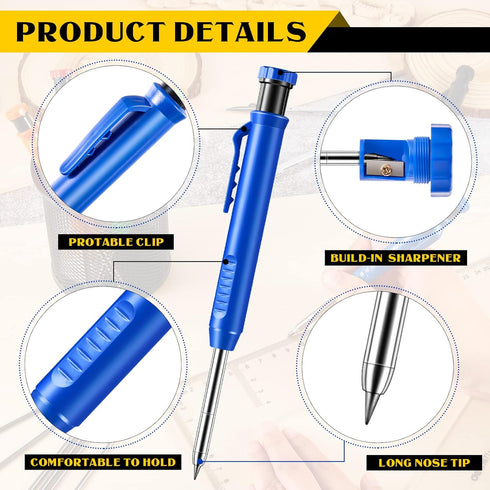 Sabary 10 Pcs Solid Carpenter Pencils with 60 Pcs 2.8mm Refills, Long Nosed Mechanical Pencil Marker for Woodworking