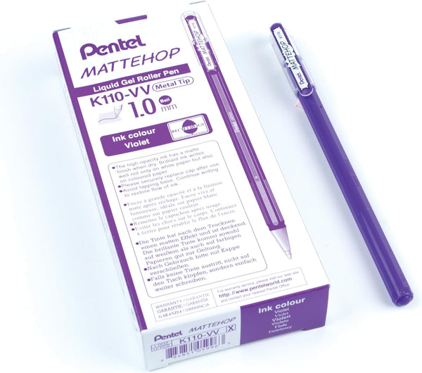 Pentel Hybrid MATTEHOP Gel Roller, 1.0mm, Matte Violet Ink, Box of 12 (K110-VV)