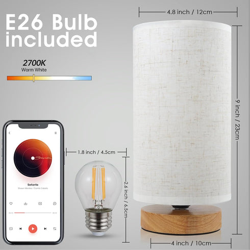 Small Bedside Night Table Lamp for Bedroom, Minimalist Nightstand Lamp with Round Fabric Linen Shade for Kids Room