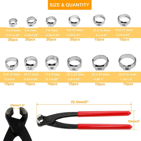 AKIHISA 180 PCS Single Ear Hose Clamps, 12 Sizes 5.3-33.1mm Crimp Clamps with Pincer and 304 Stainless Steel