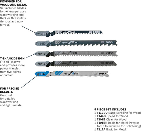 Bosch T-Shank Jig Saw Blade Set T501, 5 Pieces, 3-1/4'' - 4'', 6-24 TPI for Wood And Metal