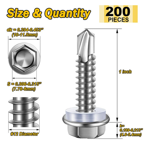 200pcs #12×1" Self Drilling Screws for Metal, 410 Stainless Steel Self-Tapping Screws, High-Strength Quick Tapping TEK