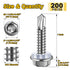 200pcs #12×1" Self Drilling Screws for Metal, 410 Stainless Steel Self-Tapping Screws, High-Strength Quick Tapping TEK