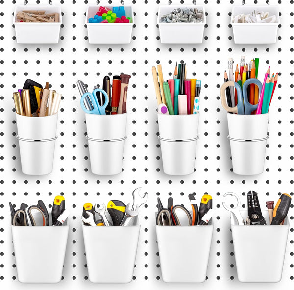 Jinei 12 Pcs Pegboard Bins - Pegboard Cups with Hooks and Loops Peg Assortment Organizer Accessories Various Tool