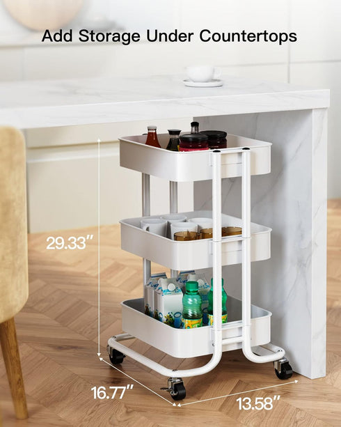 Pipishell 3 Tier Heavy-Duty Metal Rolling Utility Cart, Multifunctional Mesh Storage with 2 Lockable Wheels (White)