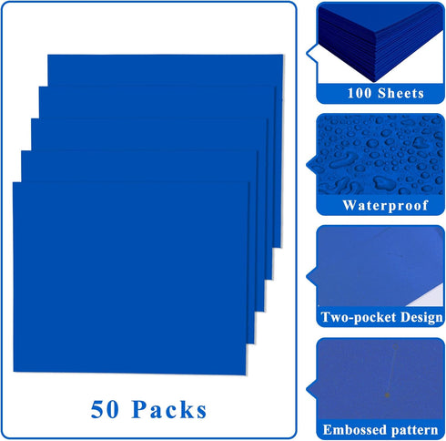 Zzrywuty File Folders with Pockets - 50-Pack Letter Size Paper Folders with Card Slot for School and Office (Blue)