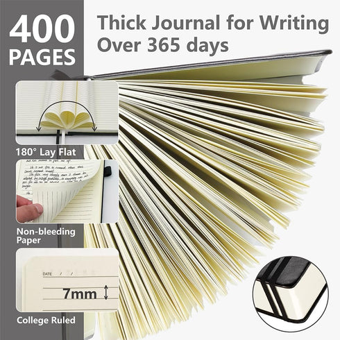 Lined Journal Notebook, 400 Pages Thick Journal for Writing, A5 Hardcover Leather Notebook with 100Gsm College Ruled Paper for Women Men Work Note taking, 5.8" x 8.4", Black
