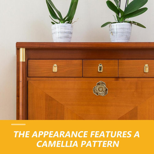 44x25mm Brass Cabinet Pull Handle with Camellia Flower Design, Decorative Dresser Drawer Knob for Wardrobe, Cupboard