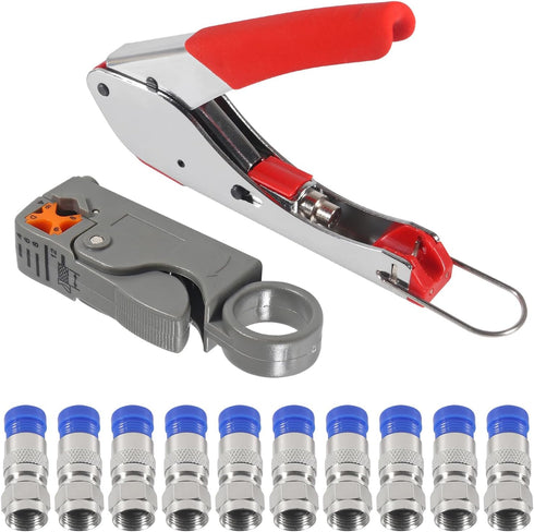 RG6 RG59 Coax Cable Compression Crimper Tool Kit, with 10 pcs Coaxial Compression Fittings