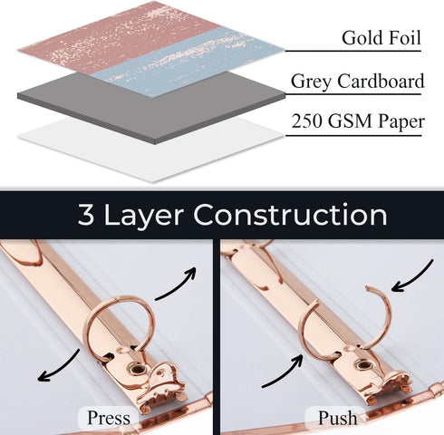 Y YOMA Rose Gold 3 Ring Binders for Letter Size, 1 inch 3-Ring Cardboard Decorative Recipe Binder, 2 Pack