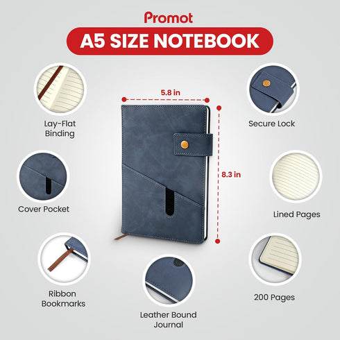 Promot PU Leather Notebook with Pen - A5 Lined Daily Journals for Writing, 200 Pages, Storm Blue