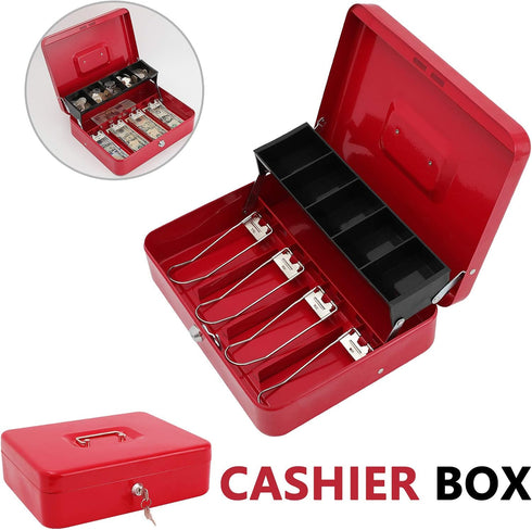 Key,Tiered,4 5 Slots,11.8" 9.5" 3.5",Red xydled Cash Box with Money Tray and Key Lock,Money lock box with Cash