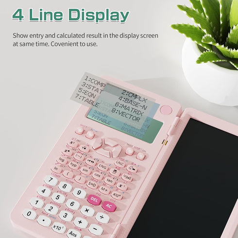 Pink Rechargeable Scientific Calculator 991ES MAX, Foldable with Notepad, 417 Functions, Solar Energy for Students