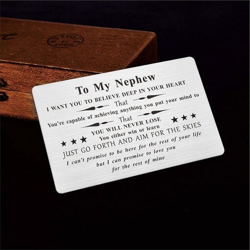 FALOGIJE Nephew Birthday Card Gifts from Aunt Uncle, Permanent Engraved Wallet Cards for Graduation Christmas Gifts