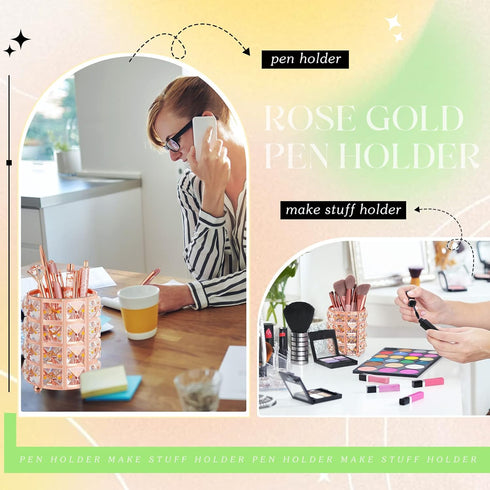 Ballpoint Pen Holder with 6 Glitter Bling Pens - Rose Gold Diamond Pencil Holder for Women, Office School Desk