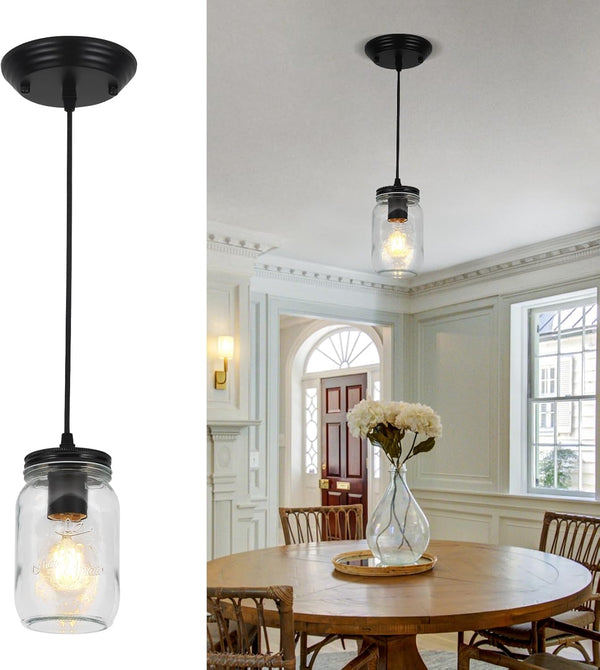 Glass Pendant Lights Kitchen Island, 1-Light Black Pendant Light Fixtures with Mason