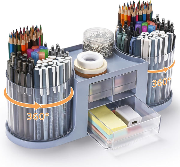 Rotating Desk Organizer with 2 Pen Holders, 10 Slots Pencil Holder + 3 Drawer, Art Supply Storage Box (Blue)