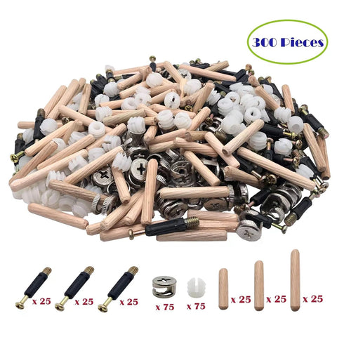 300Pcs 3-in-1 Furniture Connecting Hardware Cam Lock Fasteners Kit,Cam Fitting & Wood Dowel Pins & Pre-Inserted Nut Cam Locks for Furniture Crib Cabinet Drawer Wardrobe Splicing