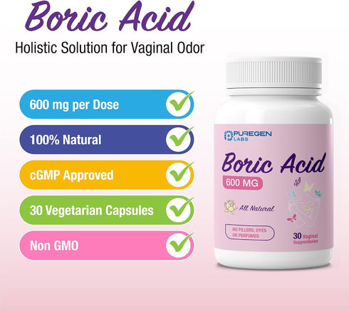 600 100% (30 Count) Puregen Labs Boric Acid mg Vaginal Suppositories - Pure | All Natural Without Dyes or Fillers |