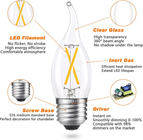 E26 Dimmable Candelabra Light Bulbs, 25W Equivalent, 2W Energy Efficient, Warm White 2700K, 200lm Flame Tip CA10, 8 Pack