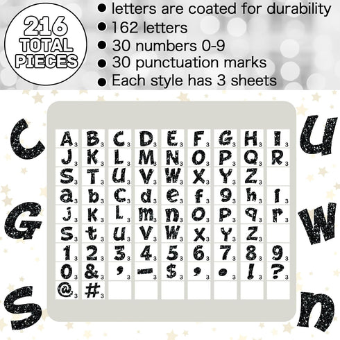 Colarr 216 Pcs Glitter Bulletin Board Letters, Black 4 Inch Alphabet, Numbers, Punctuation Cutouts with Adhesive Dots