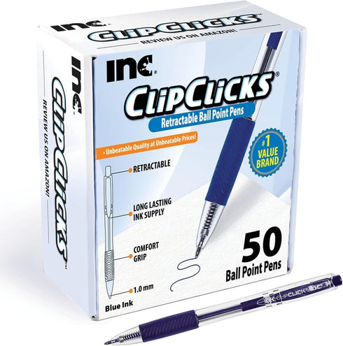 Inc. ClipClicks Retractable Ballpoint Pens, 50 Count, 1.0-mm Medium-Point Set with Comfort Grip for Writing