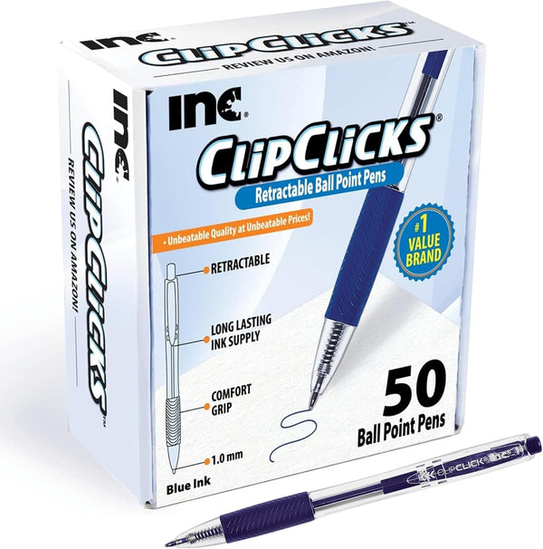 Inc. ClipClicks Retractable Ballpoint Pens, 50 Count, 1.0-mm Medium-Point Set with Comfort Grip for Writing